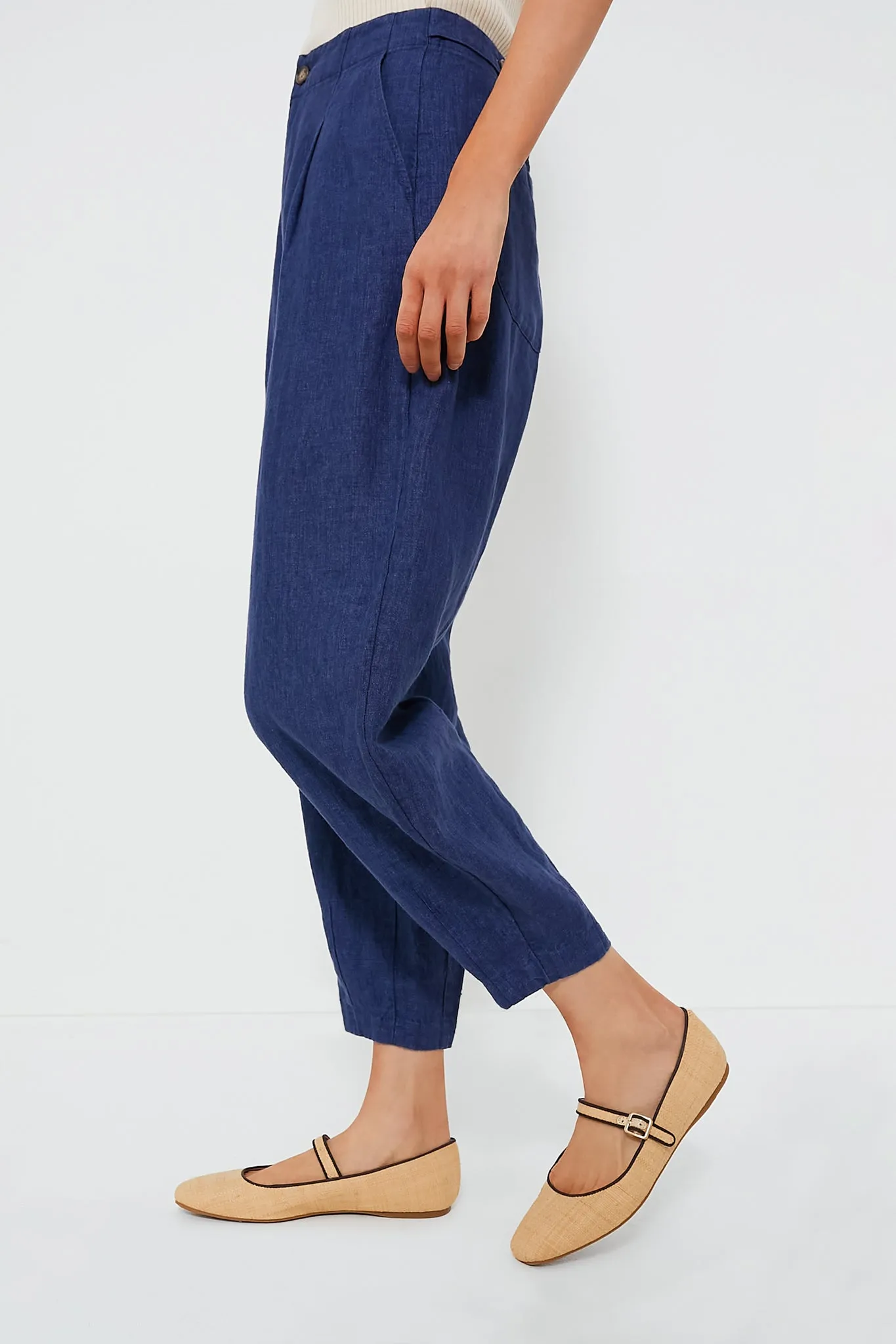 Light Navy Delave Linen Cropped Pant