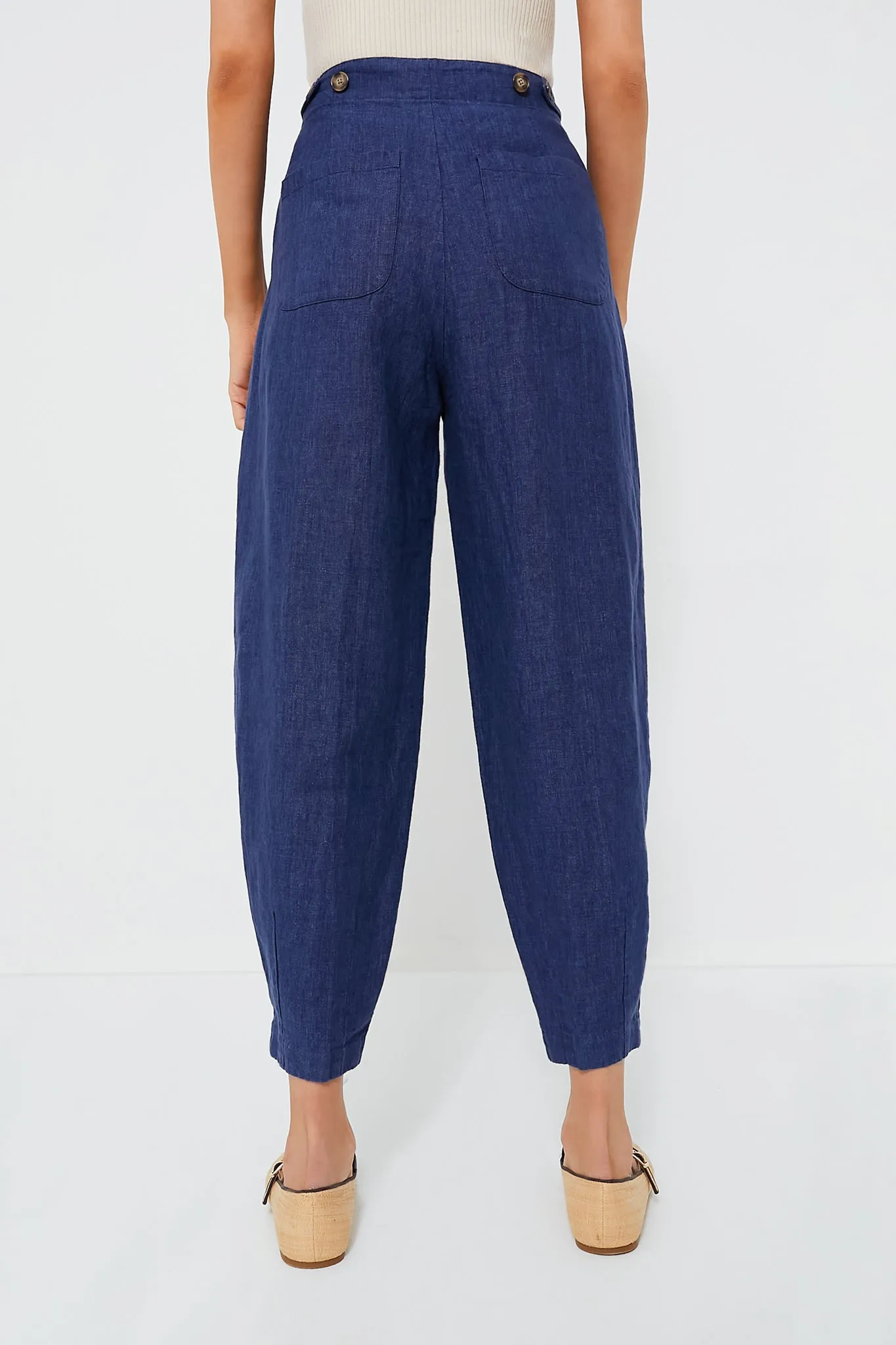 Light Navy Delave Linen Cropped Pant