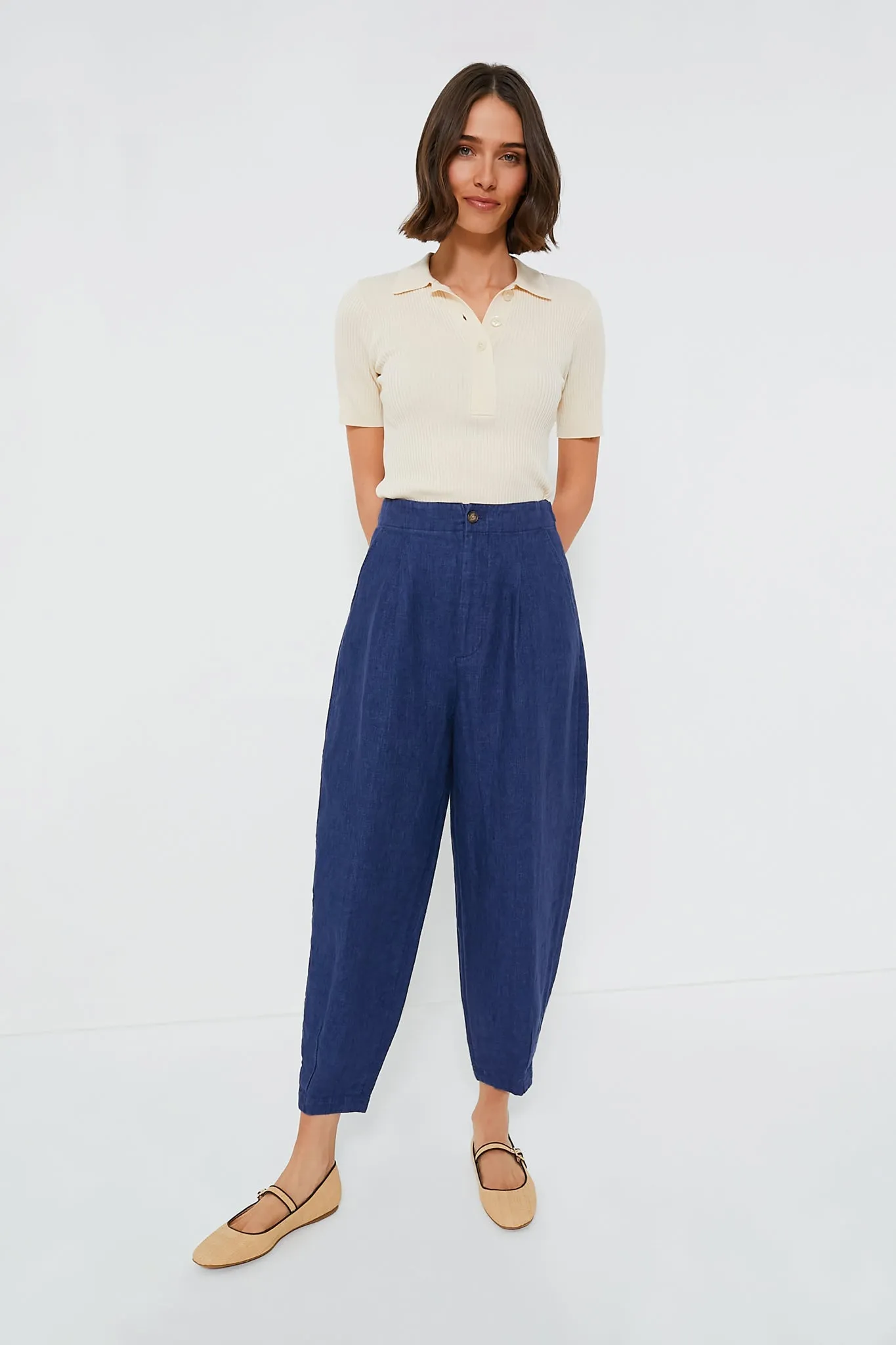 Light Navy Delave Linen Cropped Pant