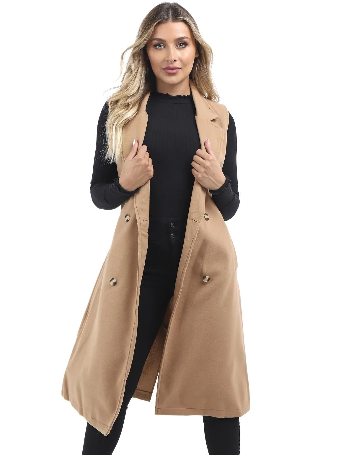 Longline Sleeveless Duster Jacket, Camel, Black, UK Sizes 8 to 16