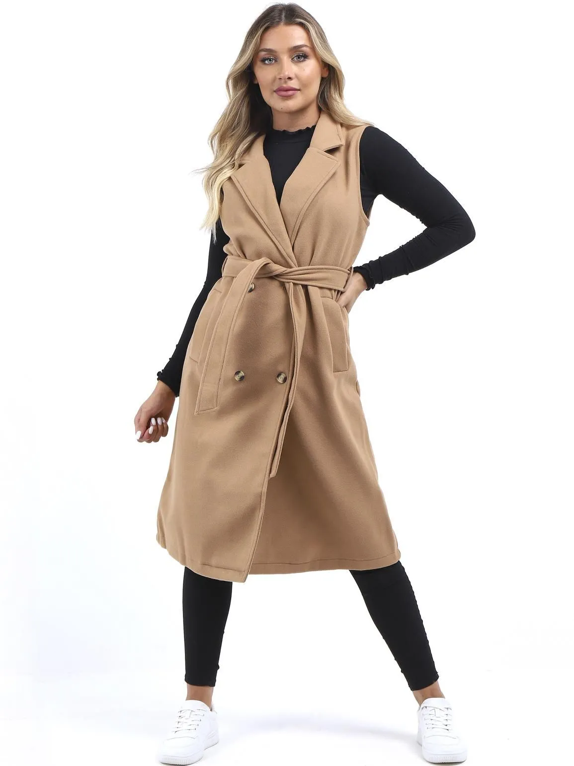 Longline Sleeveless Duster Jacket, Camel, Black, UK Sizes 8 to 16