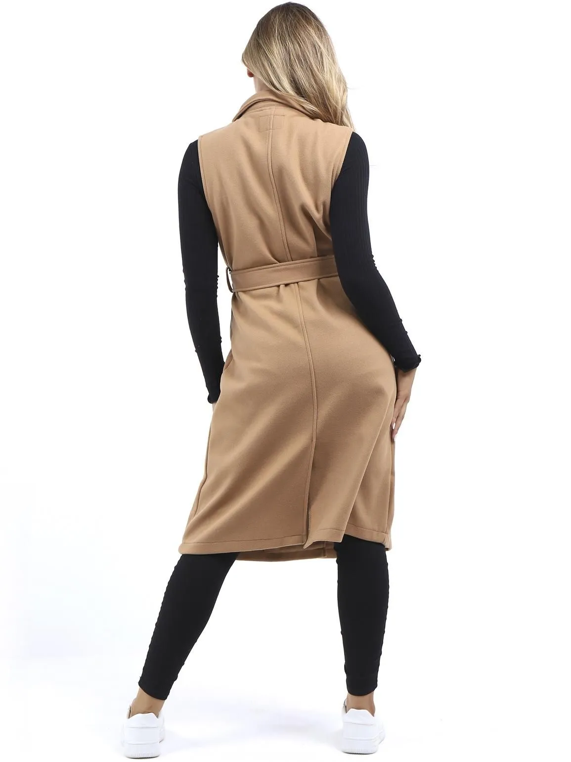 Longline Sleeveless Duster Jacket, Camel, Black, UK Sizes 8 to 16