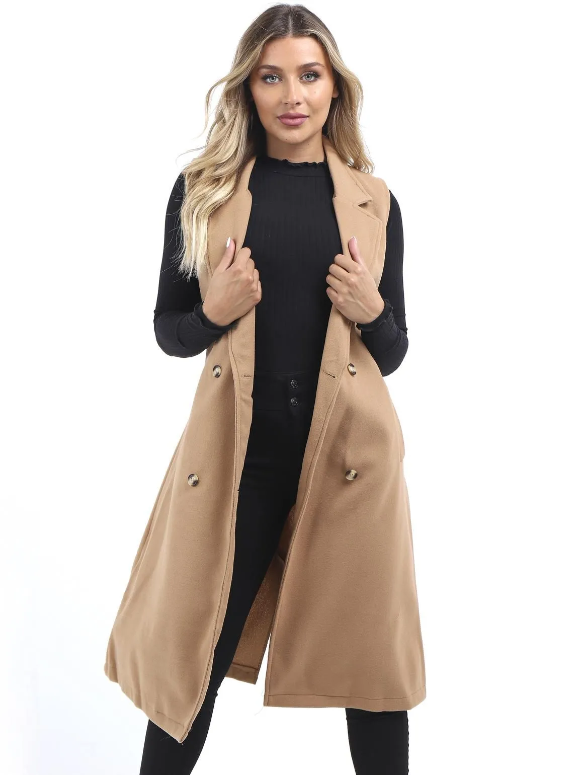 Longline Sleeveless Duster Jacket, Camel, Black, UK Sizes 8 to 16