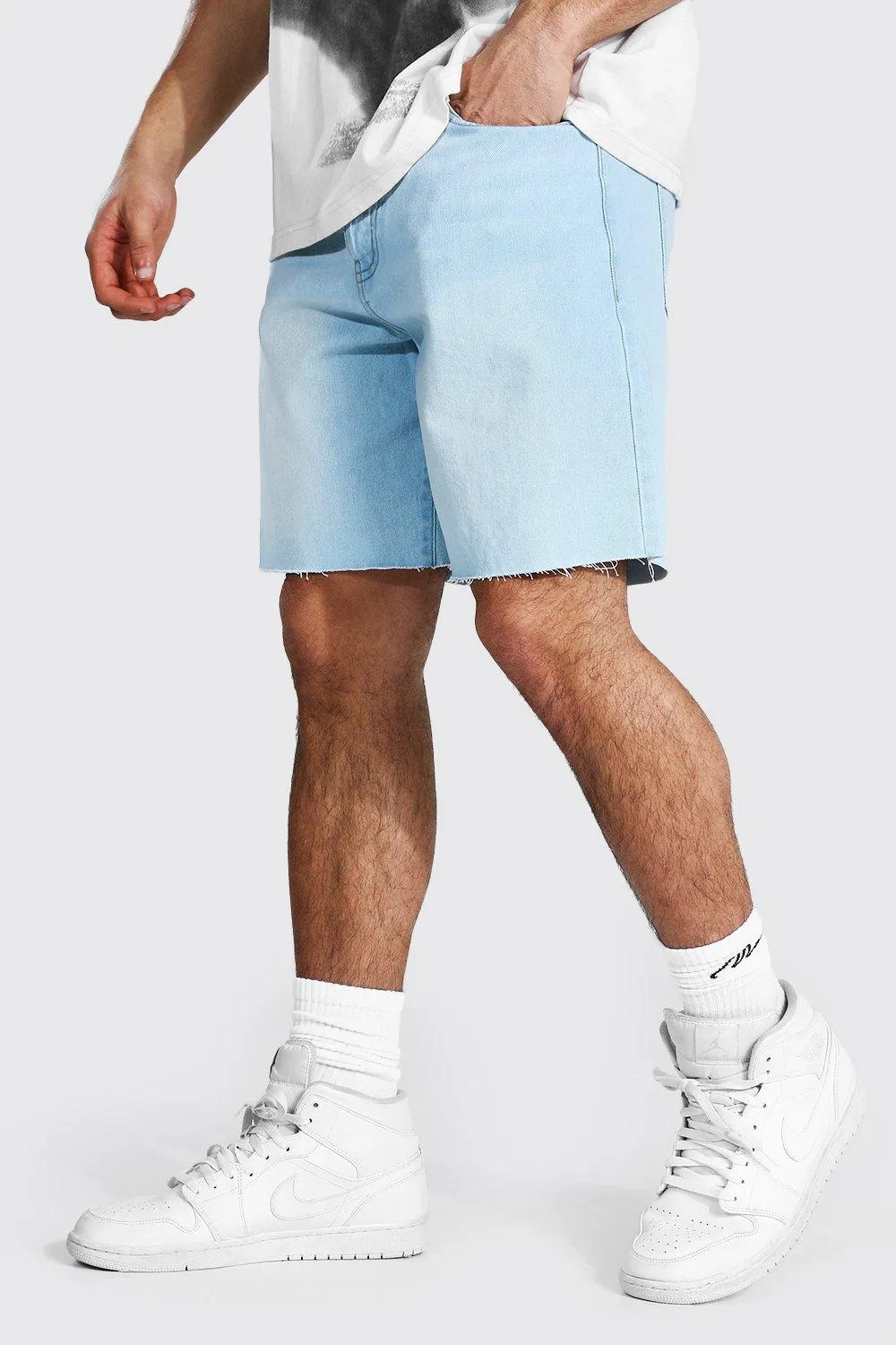 Loose Fit Denim Shorts With Raw Hem | boohooMAN UK