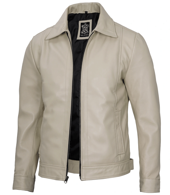 Men's Beige Real Leather Harrington Jacket