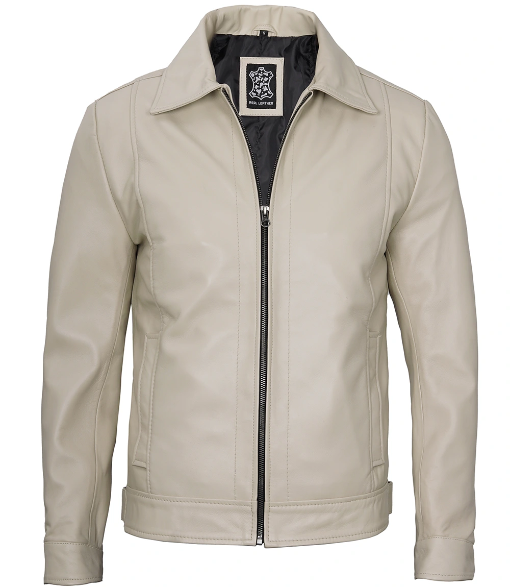 Men's Beige Real Leather Harrington Jacket