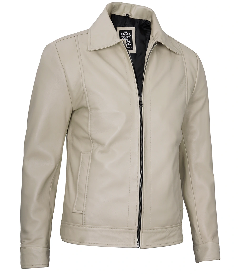 Men's Beige Real Leather Harrington Jacket