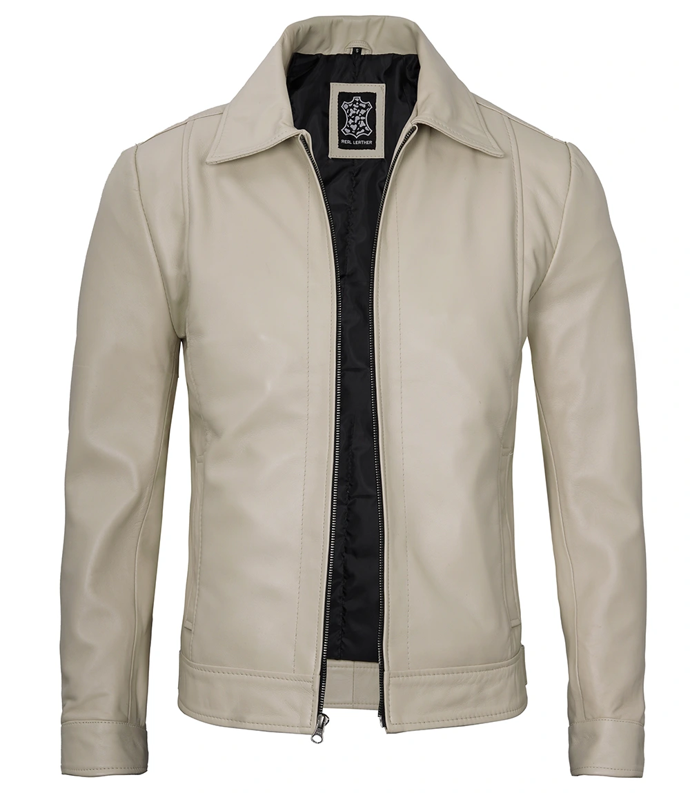 Men's Beige Real Leather Harrington Jacket