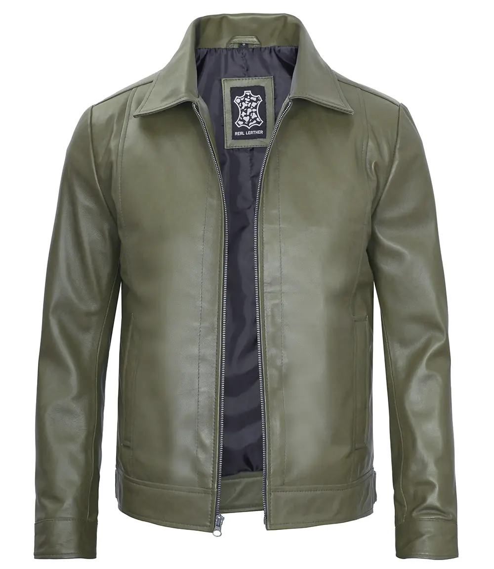 Men's Harrington Dark Green Leather Jacket