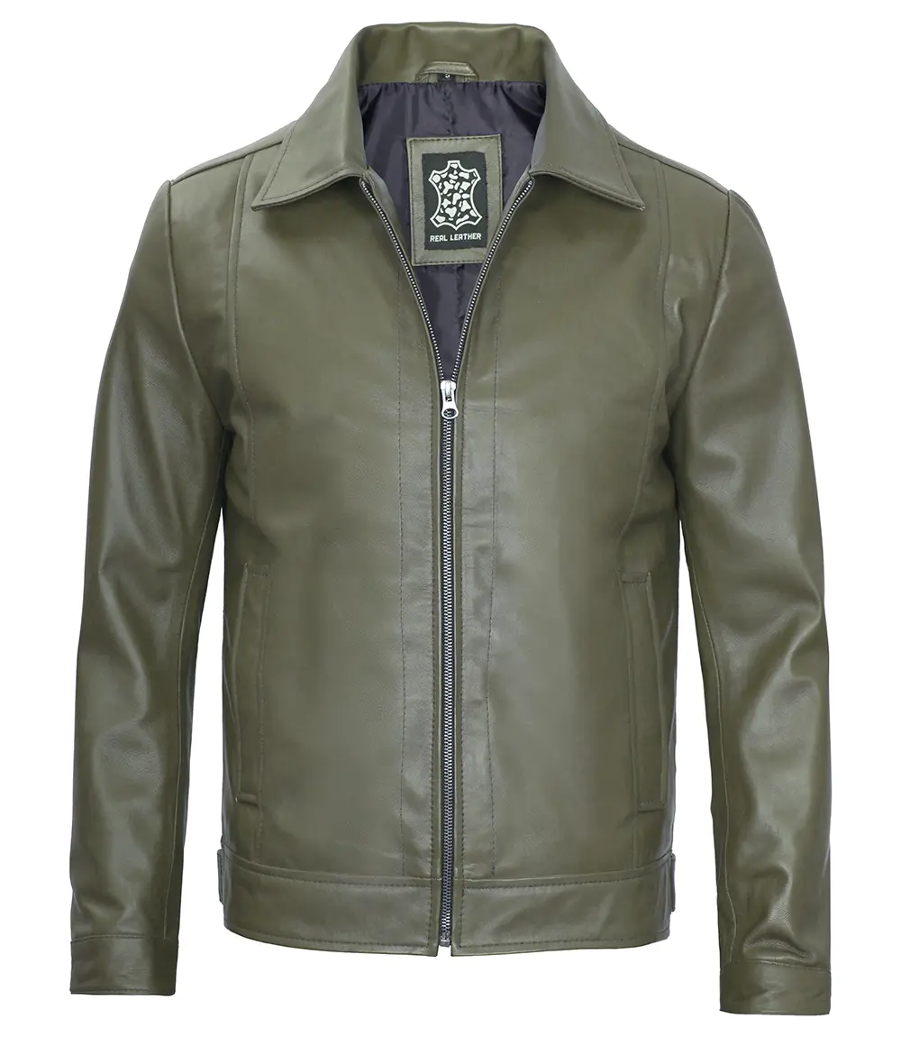 Men's Harrington Dark Green Leather Jacket