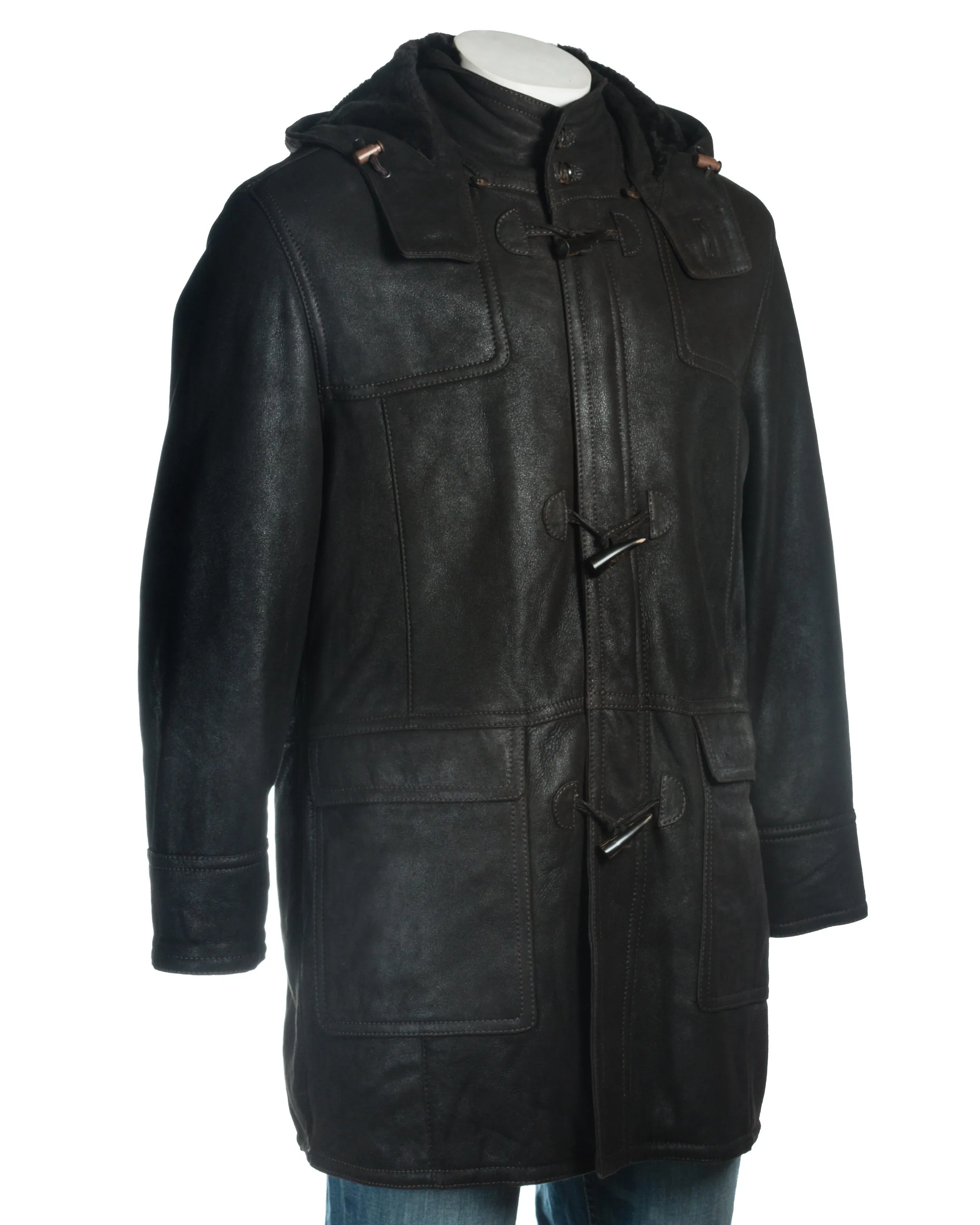 Men's Black Duffle Style Shearling Sheepskin Coat: Felipe