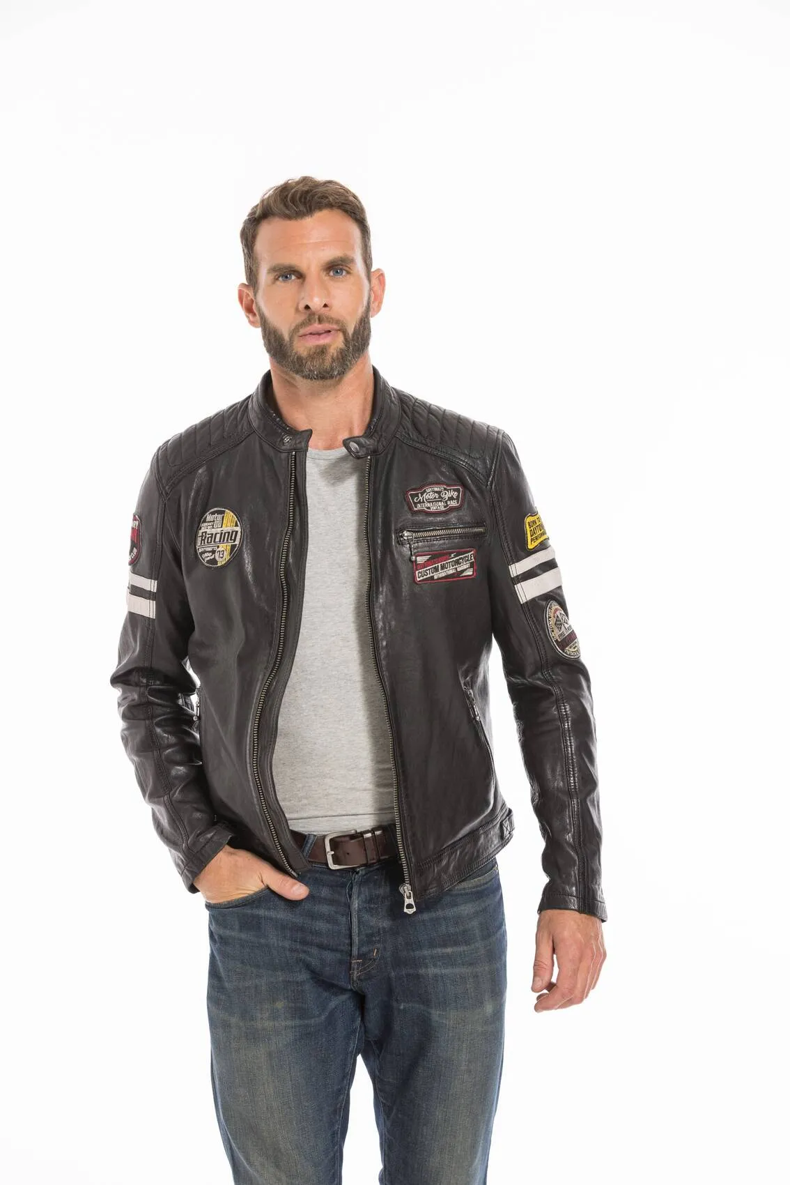 Men's black motorcycle style leather jacket 102435