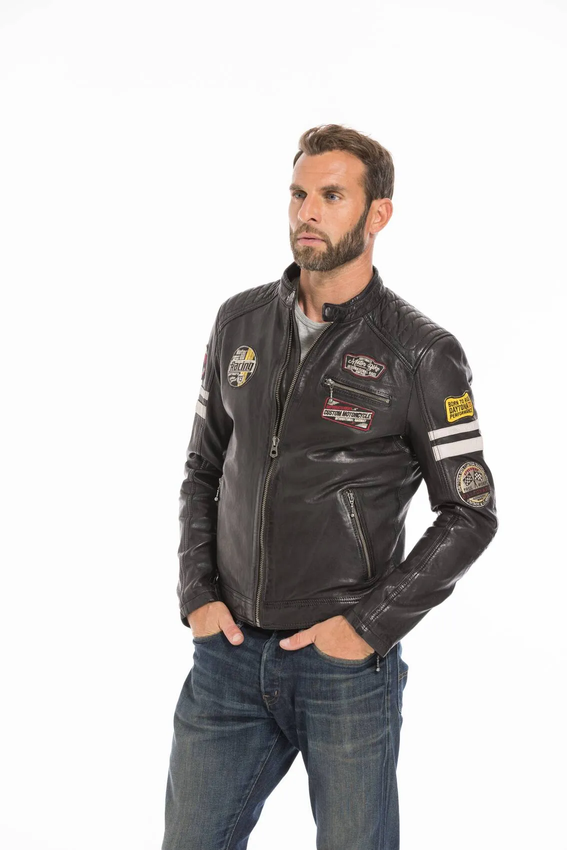 Men's black motorcycle style leather jacket 102435