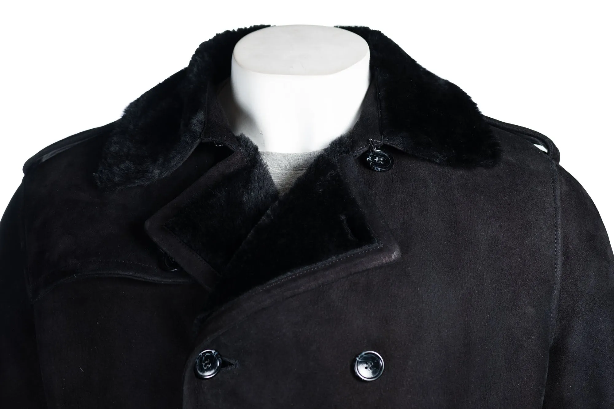 Men's Black Shearling Sheepskin 3/4 Double Breasted Button Up Suede Finish Coat: Stefano