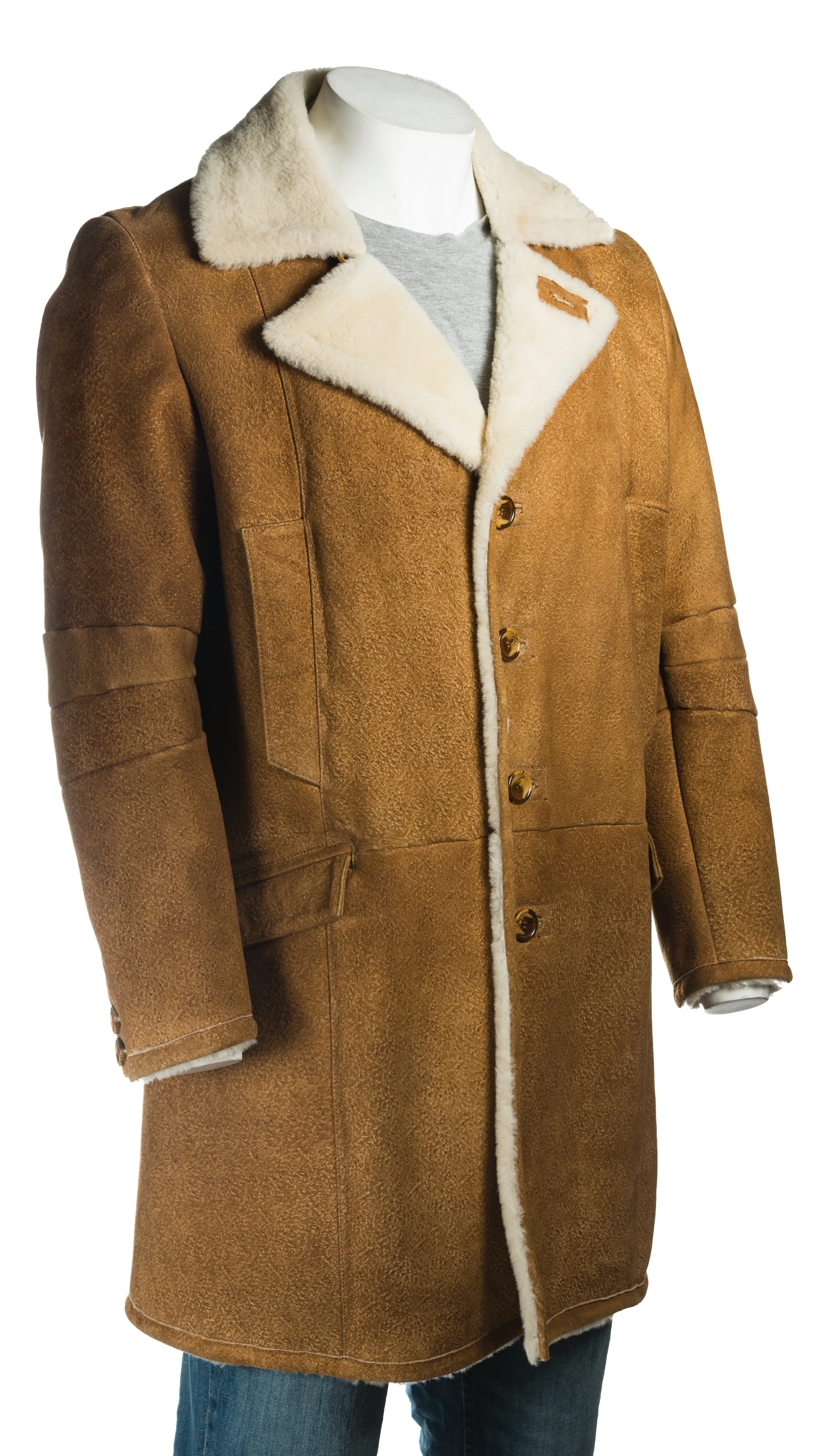 Men's Cognac Trench Style 3/4 Length Weathered Shearling Sheepskin Coat: Rodrigo