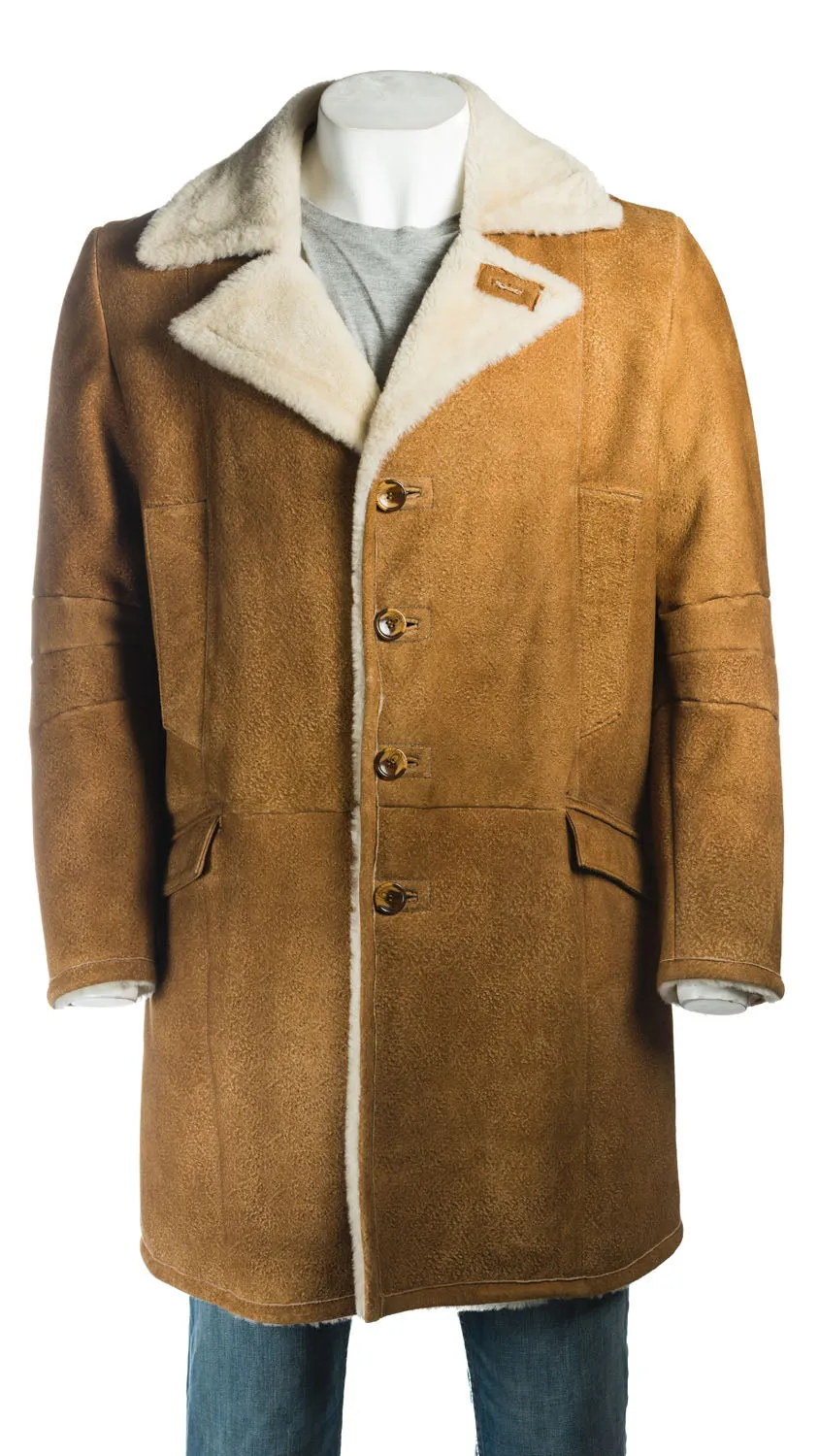 Men's Cognac Trench Style 3/4 Length Weathered Shearling Sheepskin Coat: Rodrigo