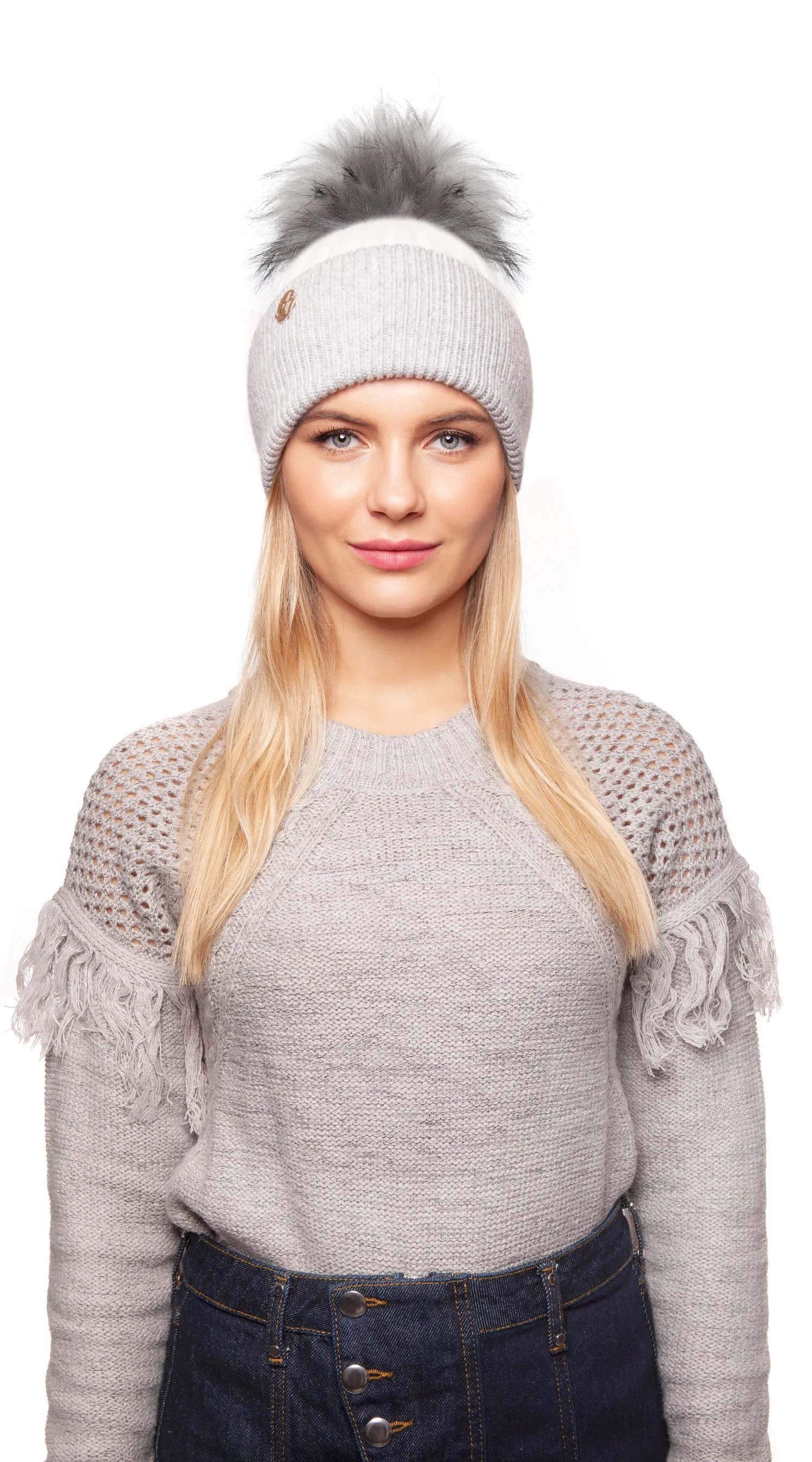 Mens Faux Harley Pom Pom Hat - White/Grey