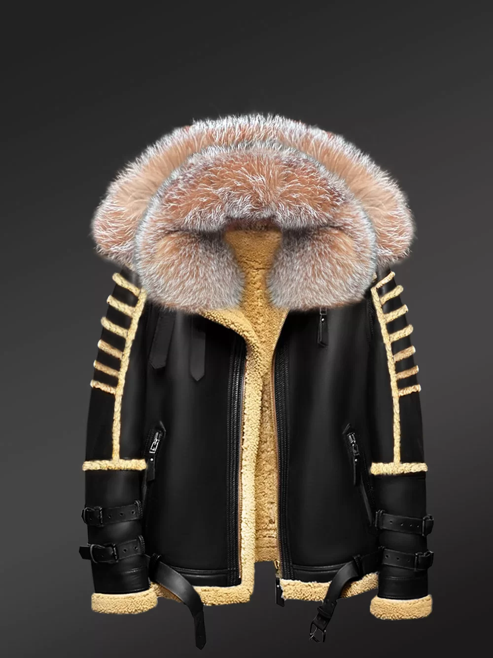 Mens Shearling Jacket with Fur Hood