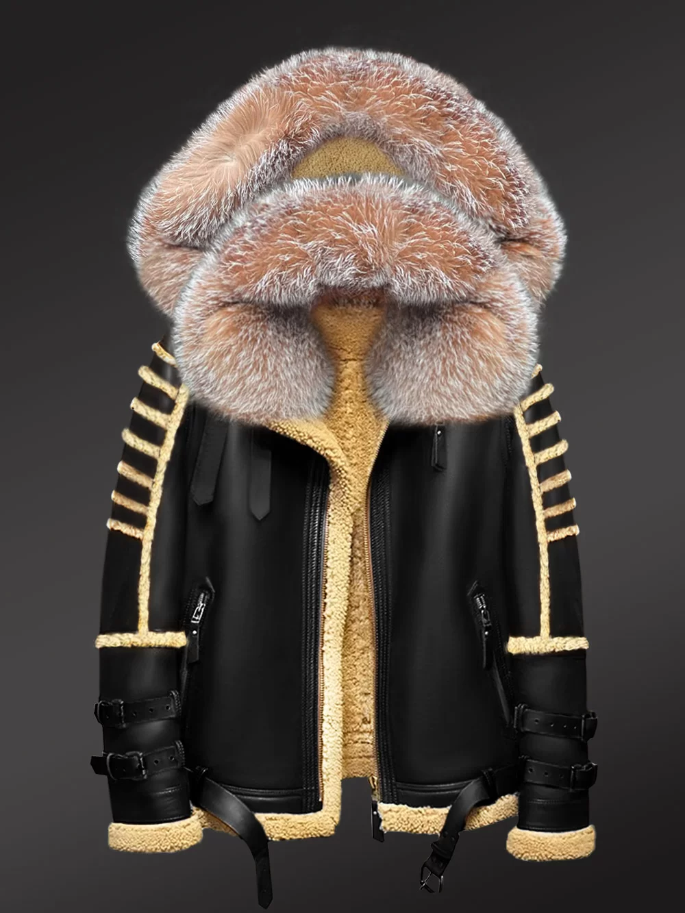 Mens Shearling Jacket with Fur Hood