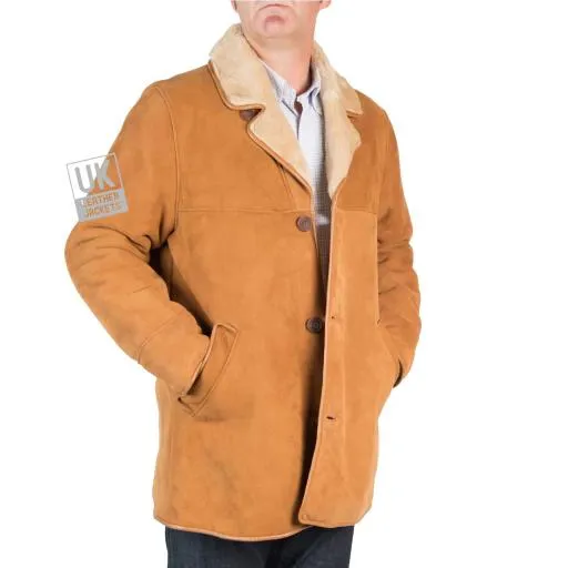 Mens Tan Shearling Sheepskin Car Coat -Superior Quality