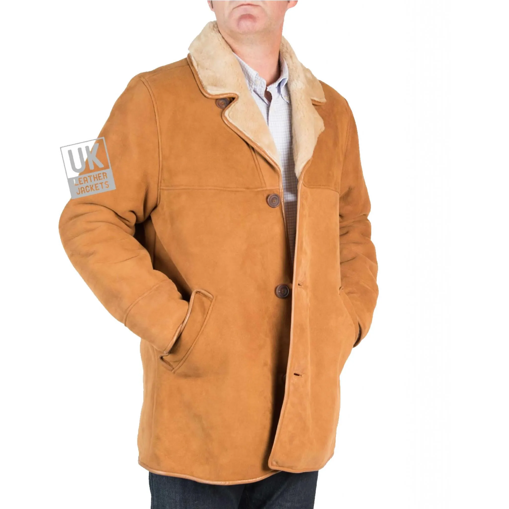 Mens Tan Shearling Sheepskin Car Coat -Superior Quality