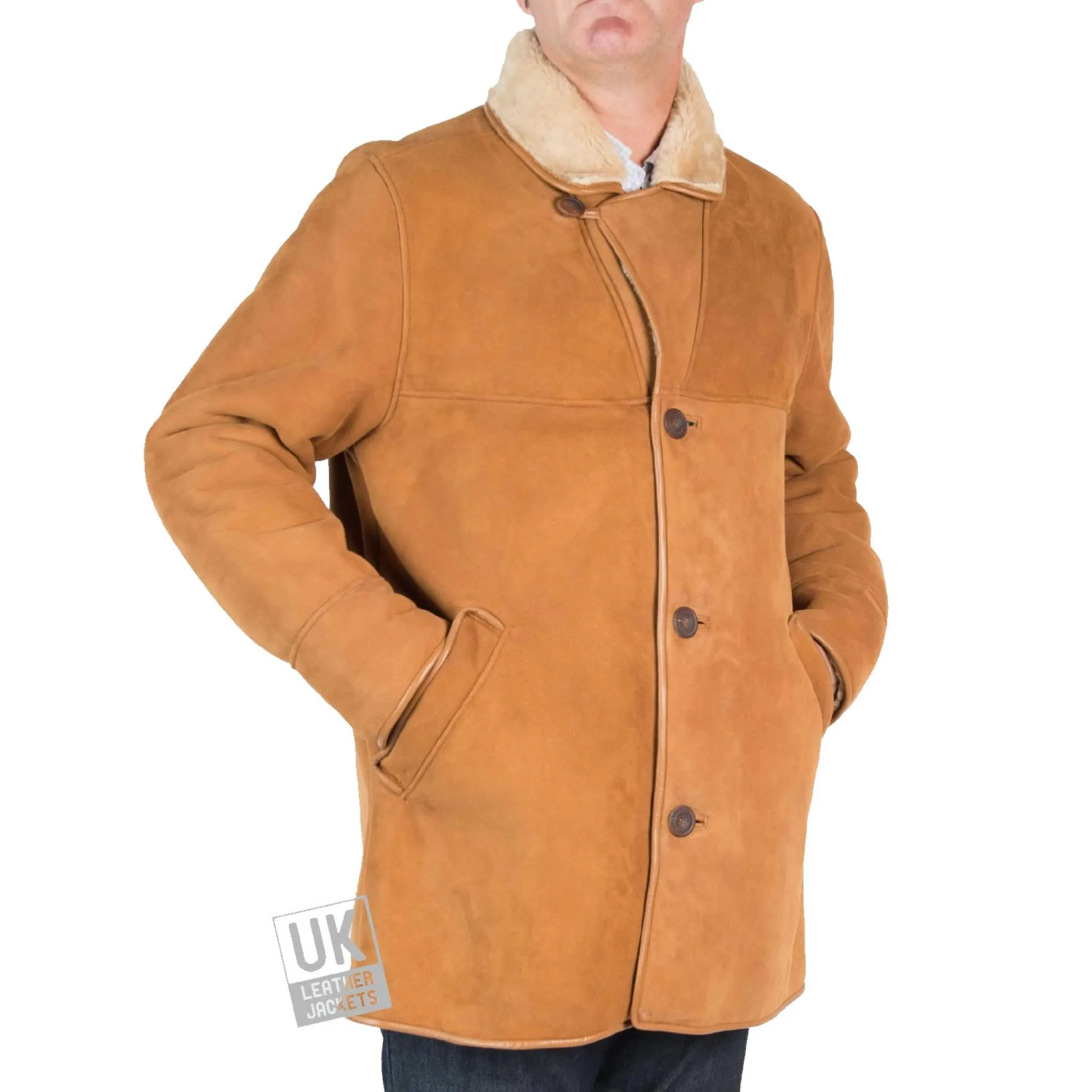 Mens Tan Shearling Sheepskin Car Coat -Superior Quality