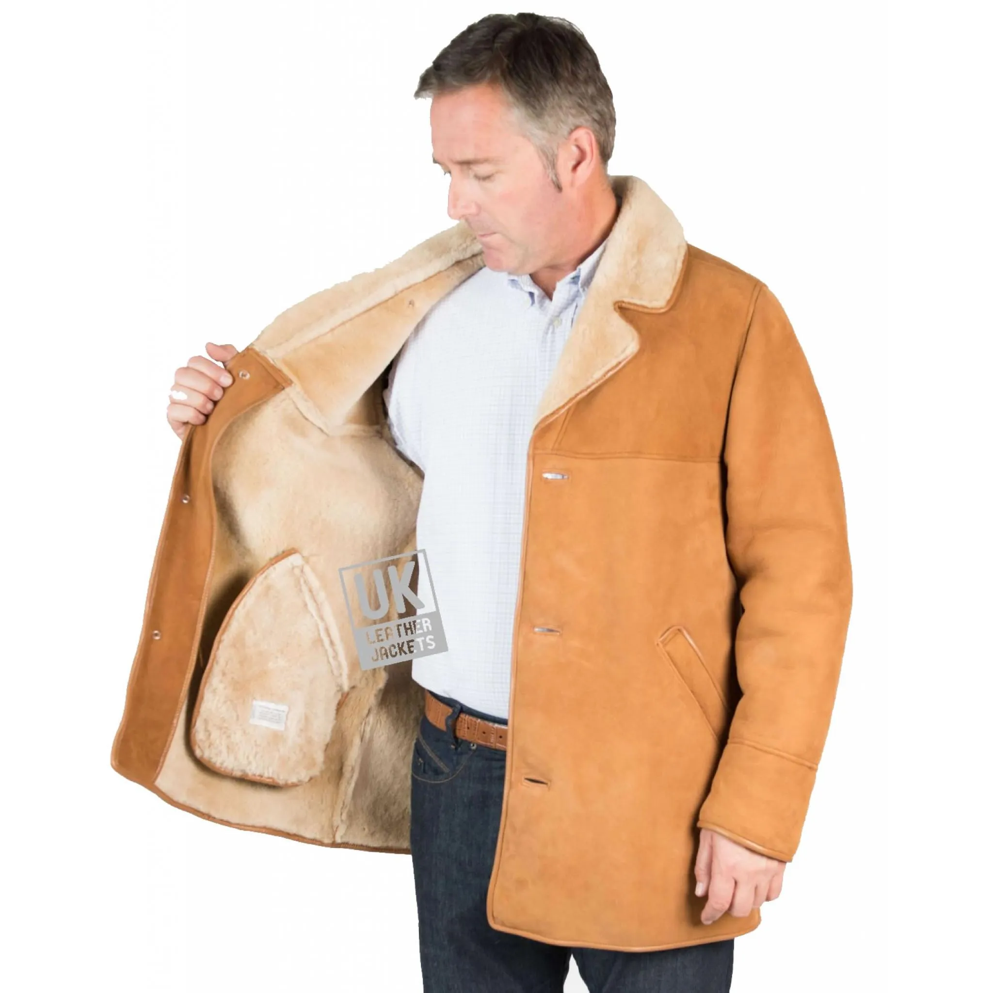 Mens Tan Shearling Sheepskin Car Coat -Superior Quality