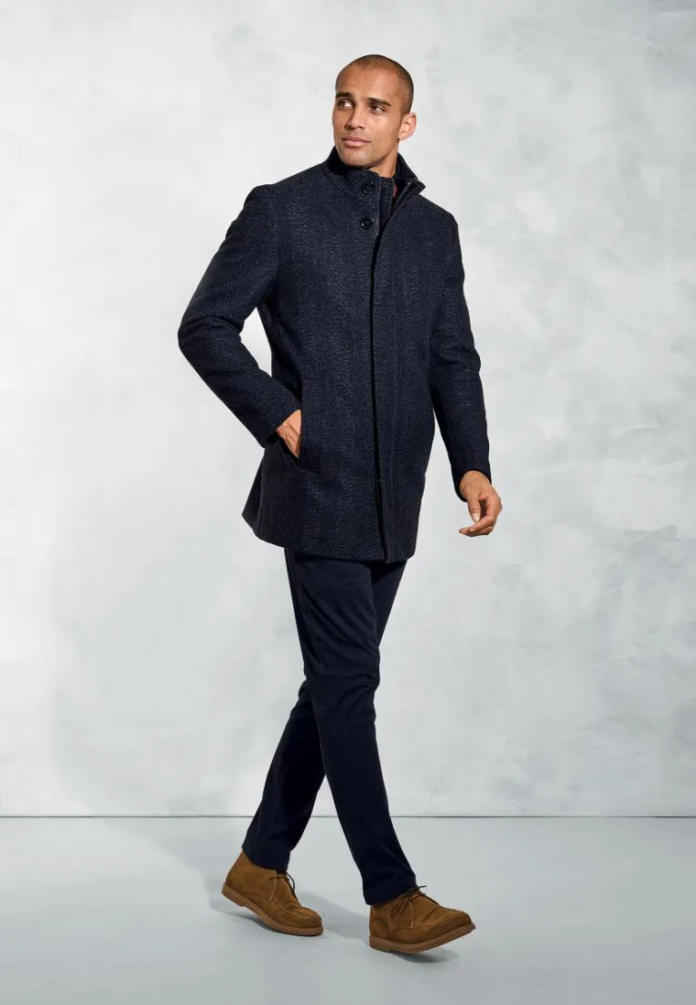 Mercer Navy Herringbone Wool Blend Car Coat