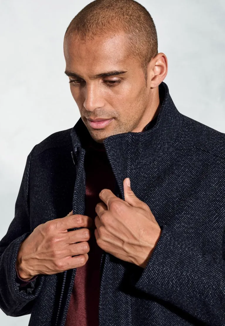 Mercer Navy Herringbone Wool Blend Car Coat