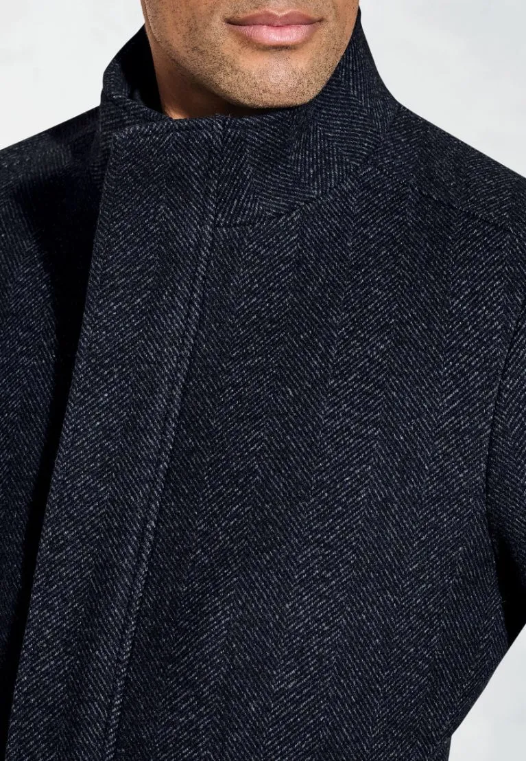 Mercer Navy Herringbone Wool Blend Car Coat