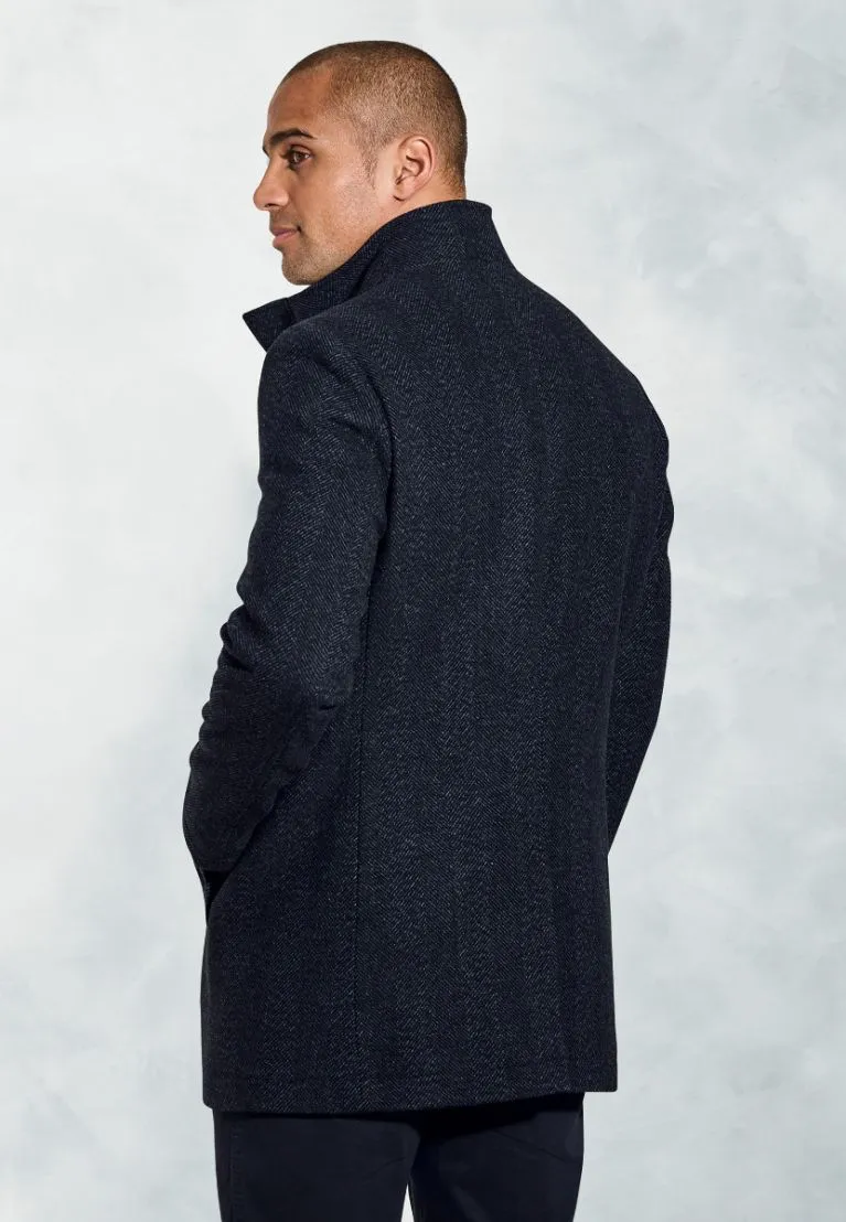 Mercer Navy Herringbone Wool Blend Car Coat