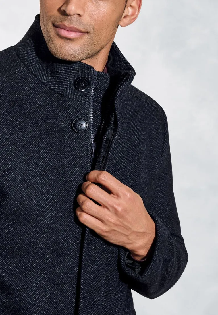 Mercer Navy Herringbone Wool Blend Car Coat