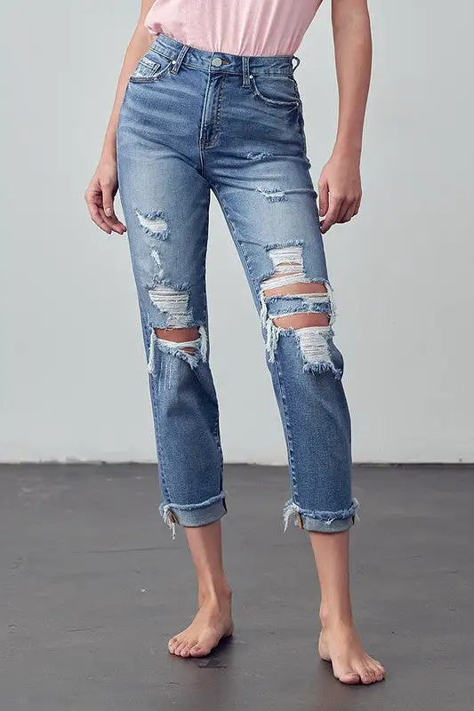 Mid Rise Stretch Raw Hem Ripped Boyfriend Jeans