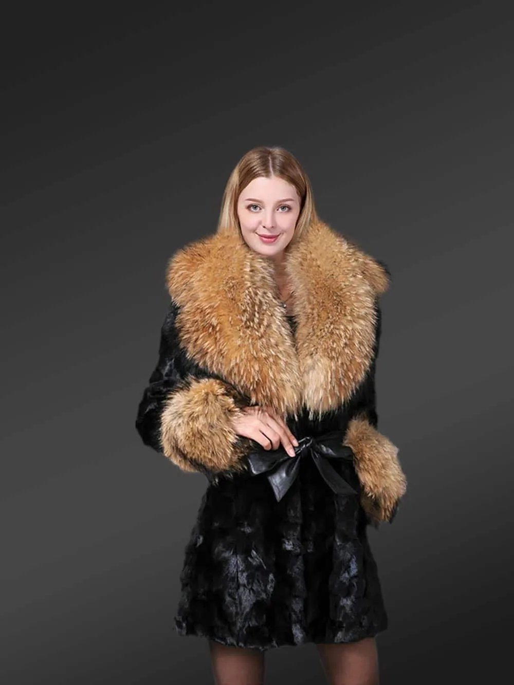 Mink fur Coat with belt and fur trim collar