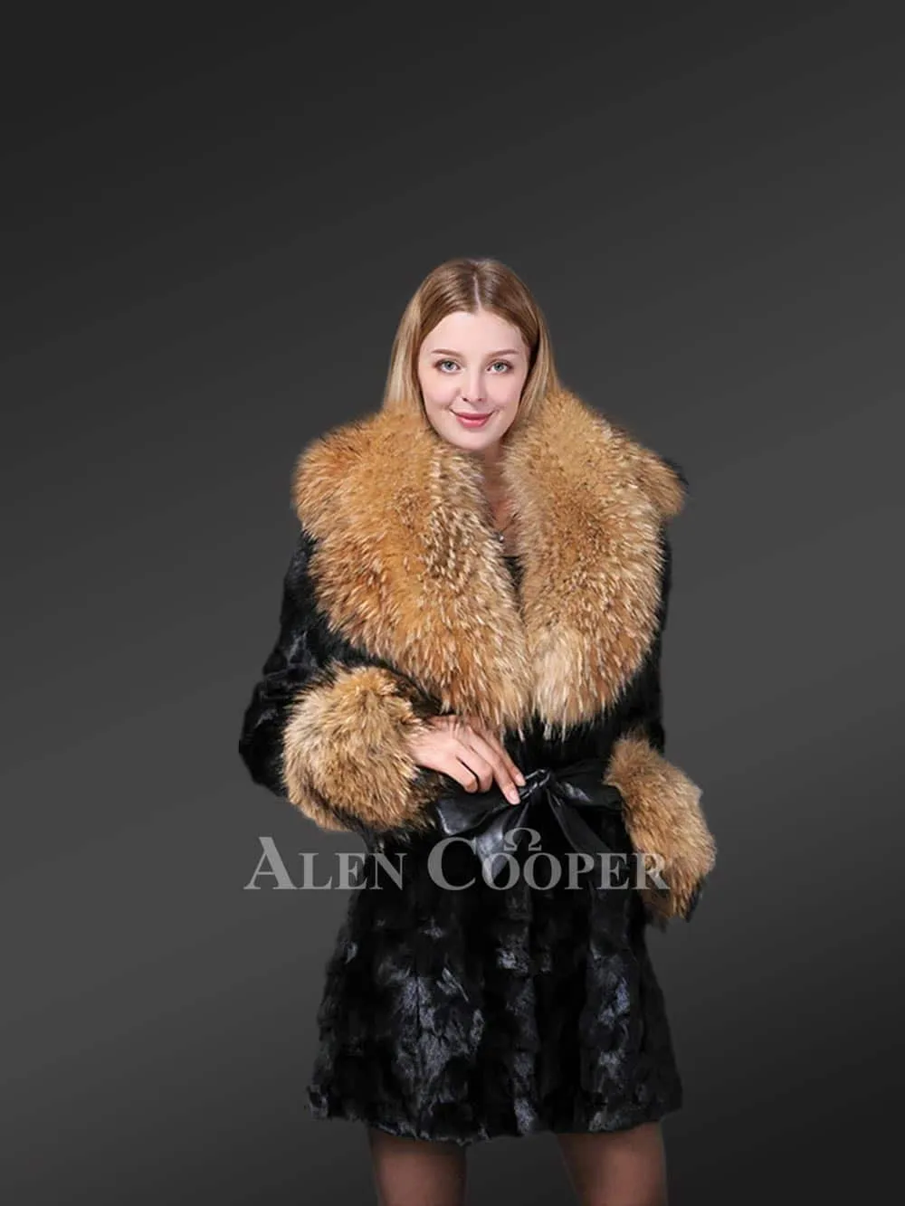 Mink fur Coat with belt and fur trim collar