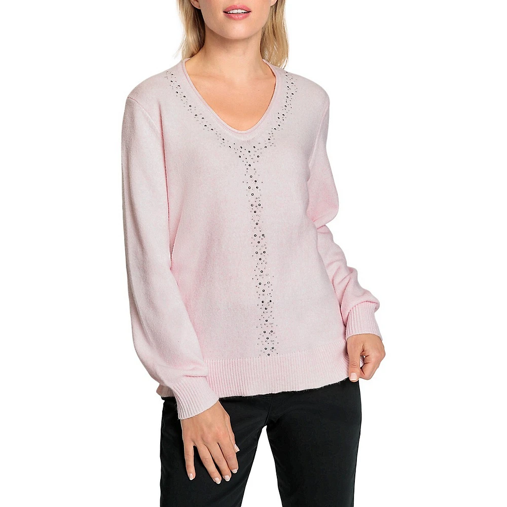 Olsen Rhinestone V-Neck Sweater