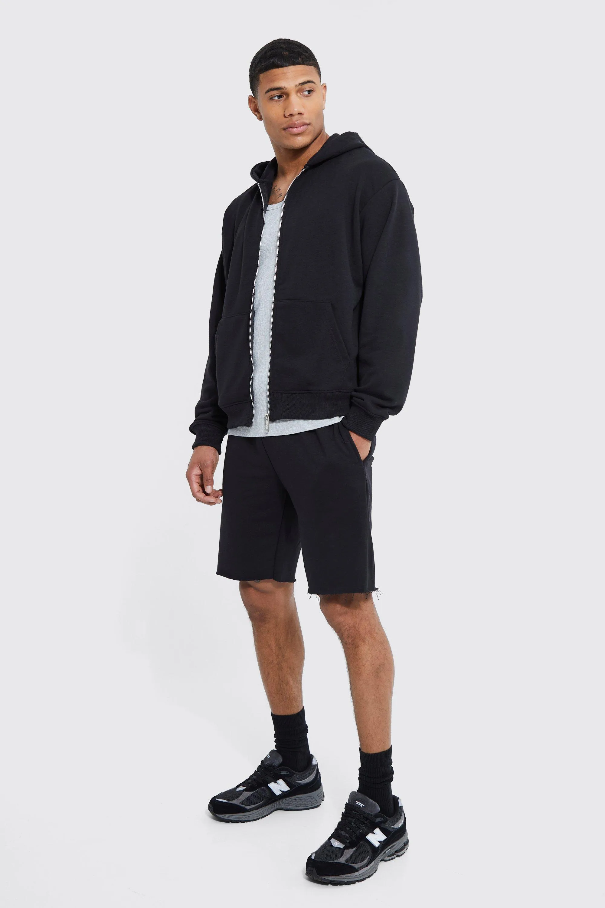 Oversized Boxy Raw Hem Zip Short Tracksuit | boohooMAN UK