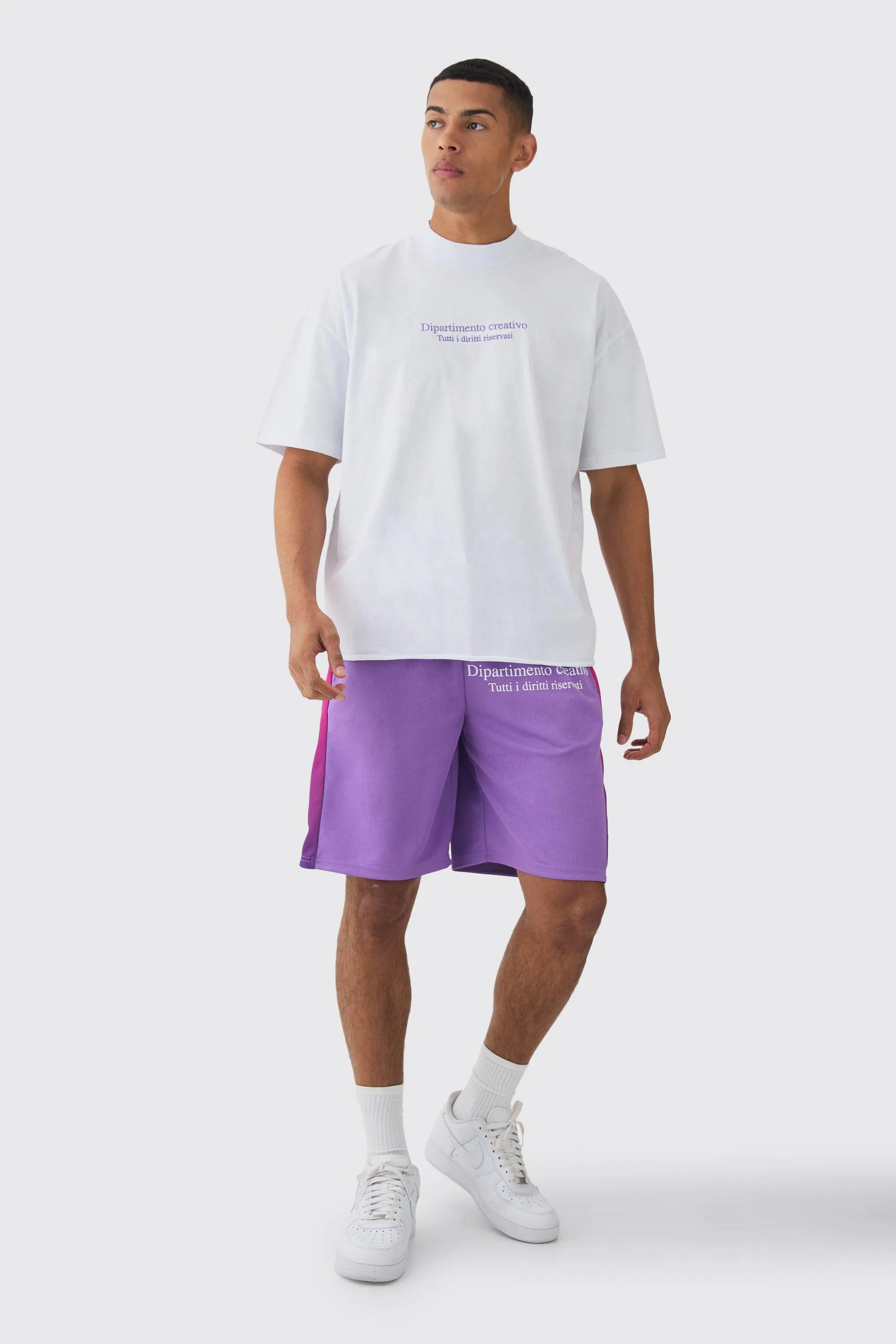 Oversized Extended Neck Raw Hem Script T-shirt & Mesh Short Set | boohooMAN UK