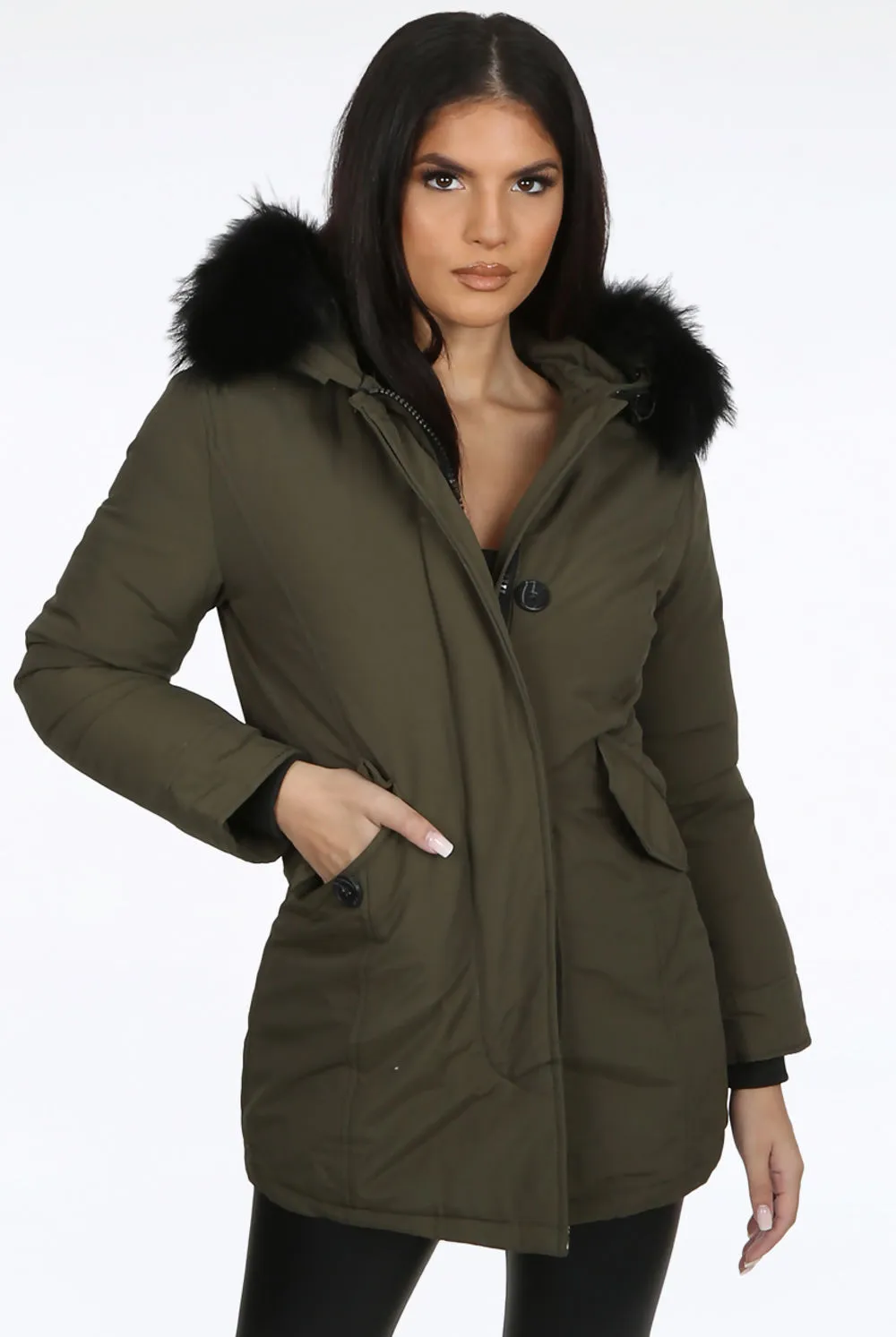 Parka With Fur Trim Hood In Khaki