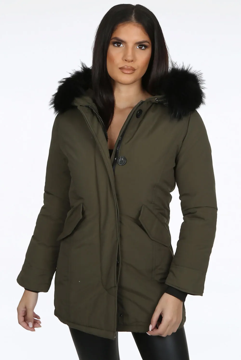 Parka With Fur Trim Hood In Khaki