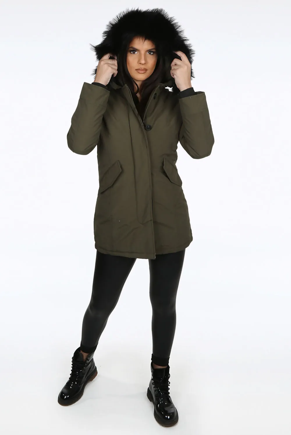 Parka With Fur Trim Hood In Khaki