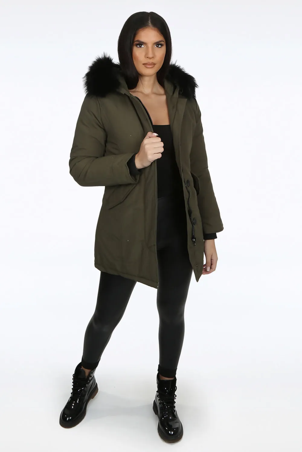 Parka With Fur Trim Hood In Khaki