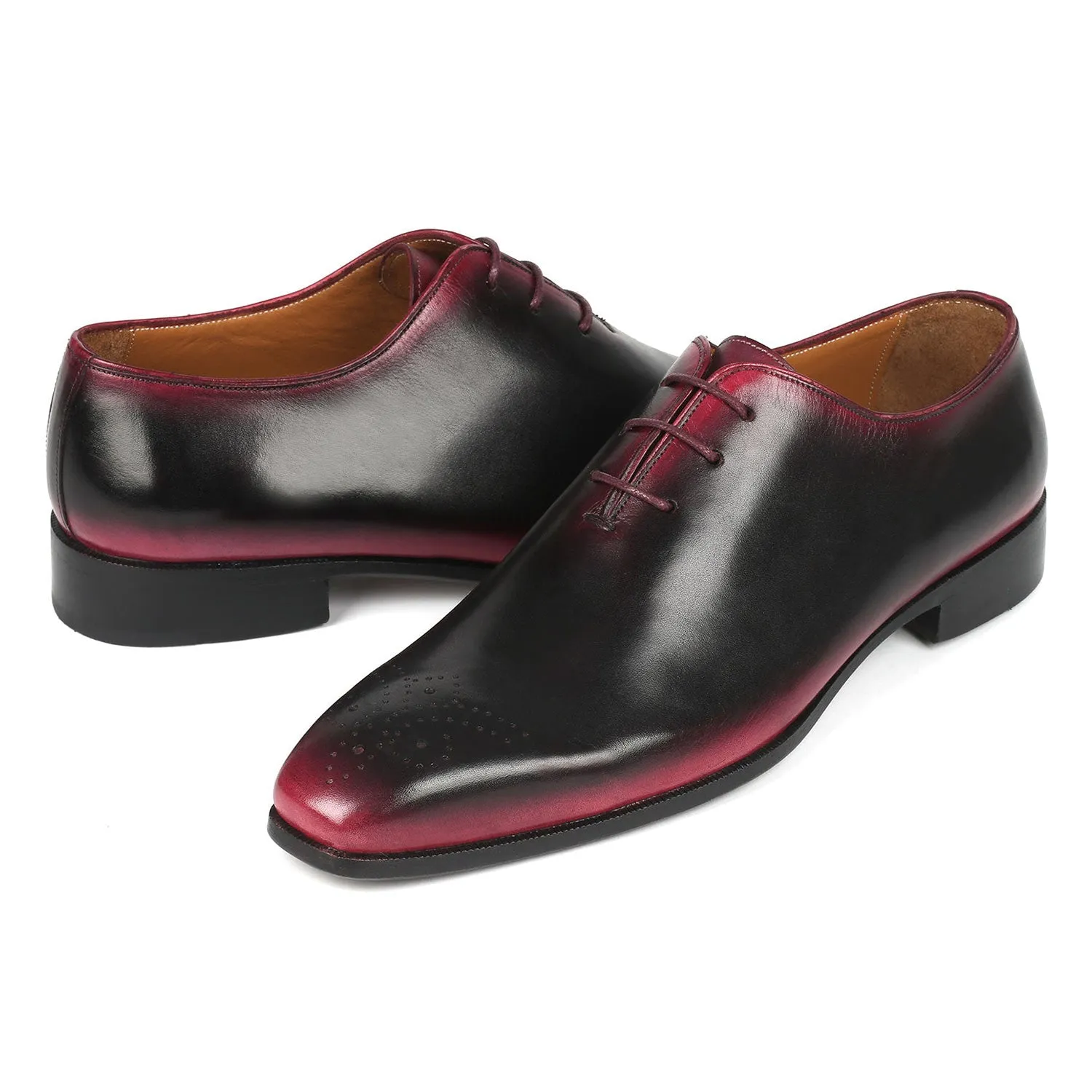 Paul Parkman KR254-01-83 Men's Shoes Black & Red Calf-Skin Leather Medallion Toe Oxfords (PM6381)