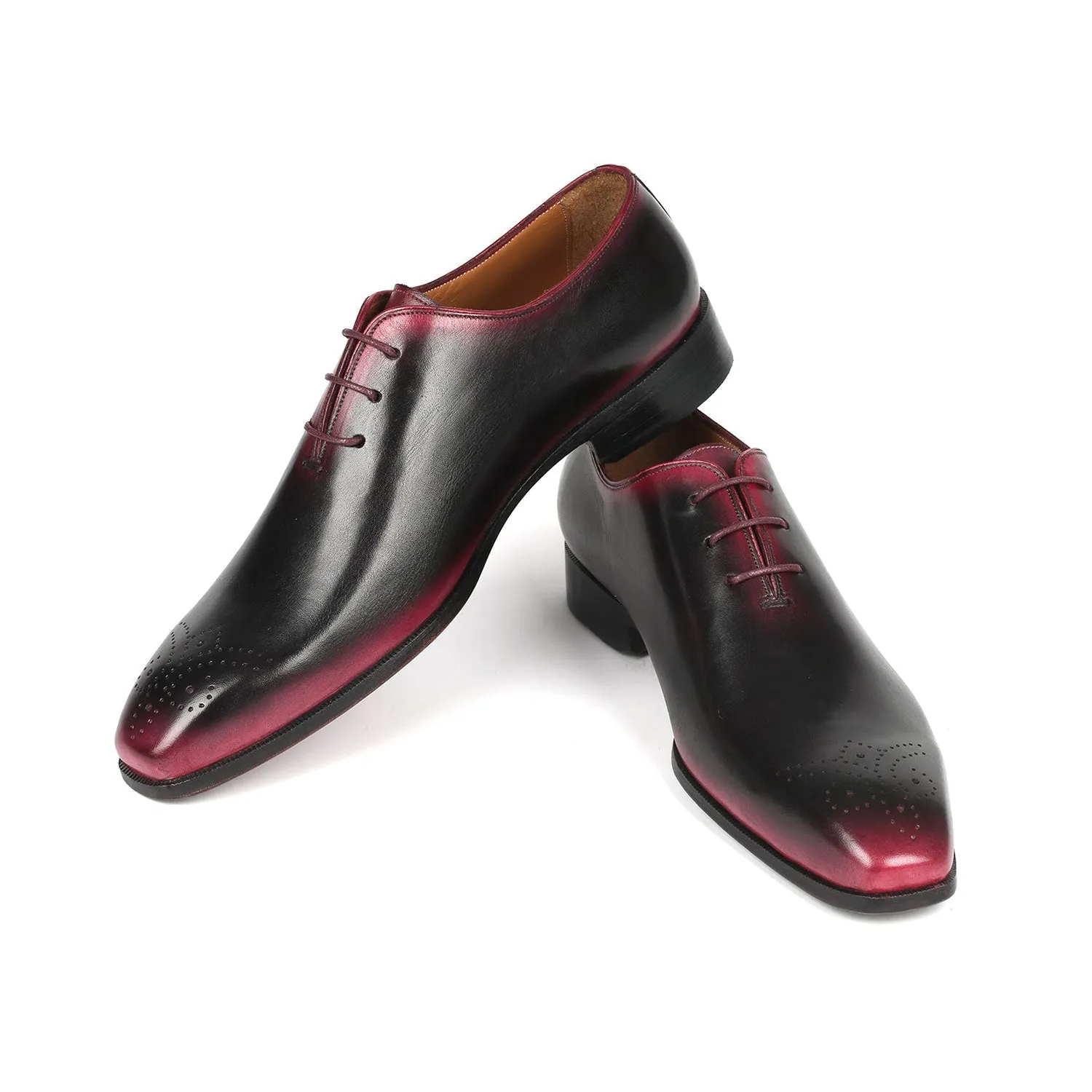 Paul Parkman KR254-01-83 Men's Shoes Black & Red Calf-Skin Leather Medallion Toe Oxfords (PM6381)