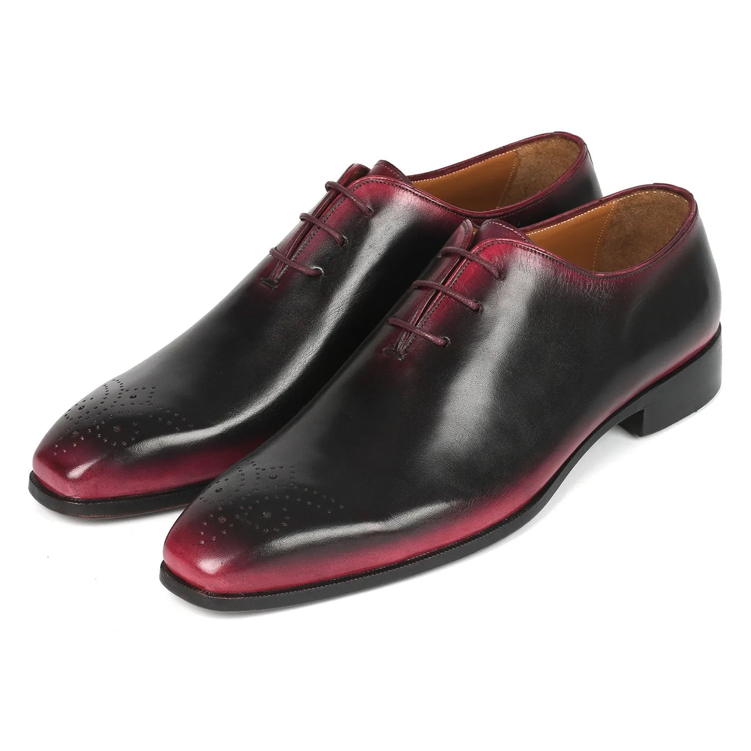 Paul Parkman KR254-01-83 Men's Shoes Black & Red Calf-Skin Leather Medallion Toe Oxfords (PM6381)