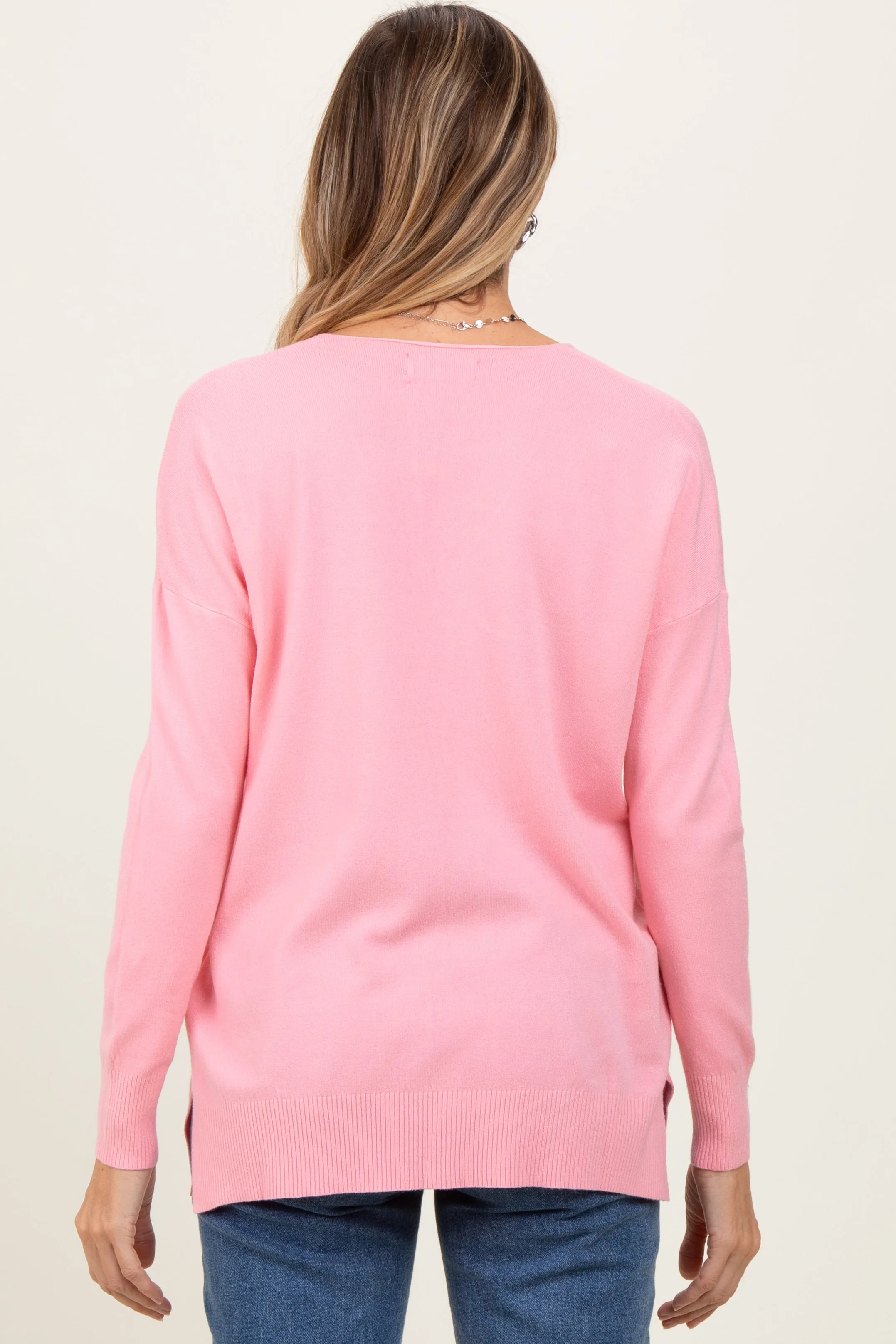 Peach Front Seam V-Neck Side Slit Sweater