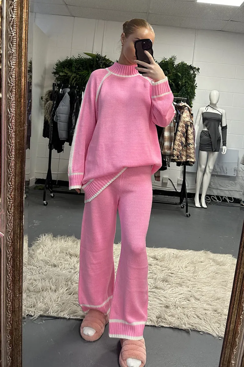 Pink Contrast Stitch knitted Co-ord Set - Lennon