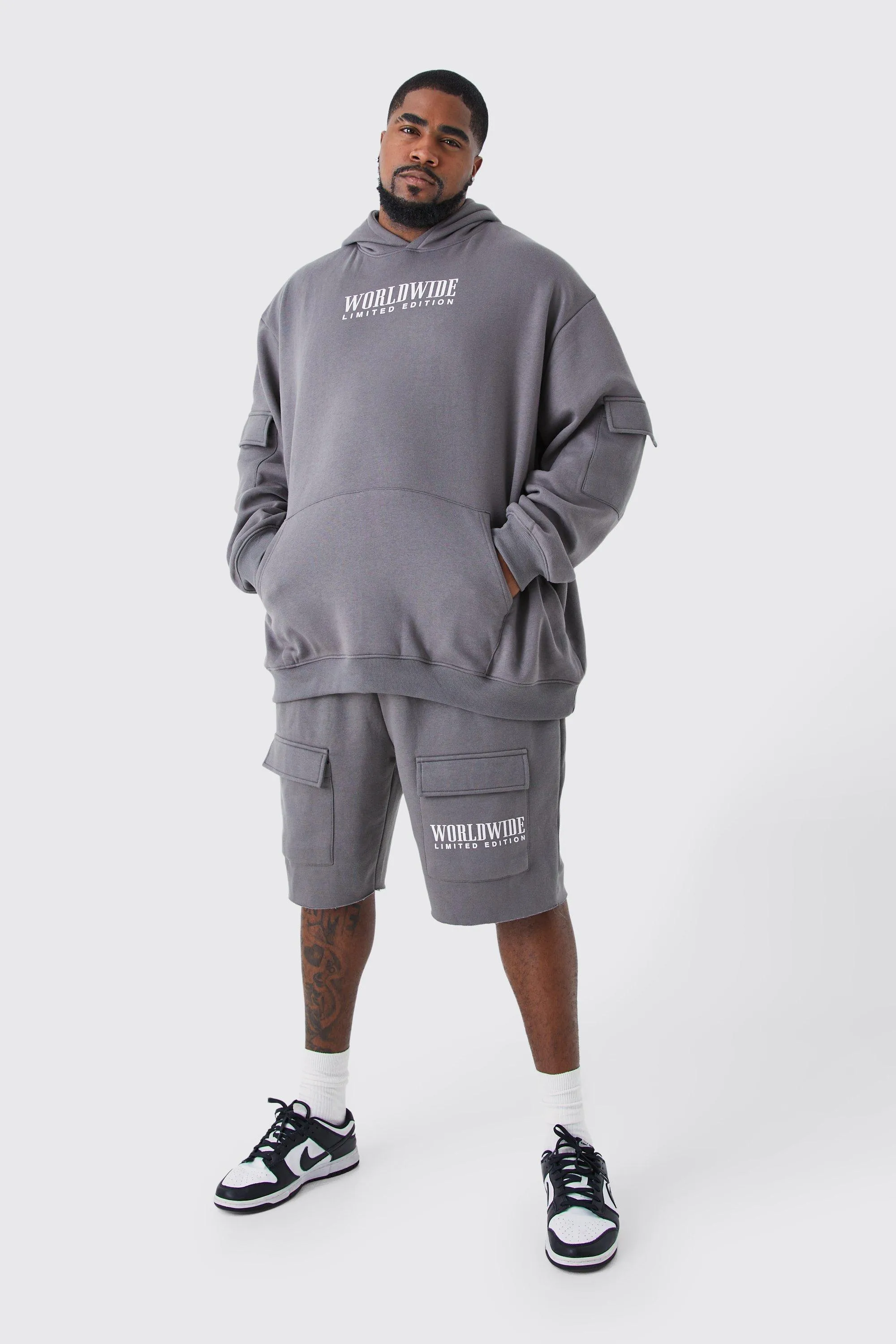 Plus Raw Hem Cargo Short Hooded Tracksuit | boohooMAN UK