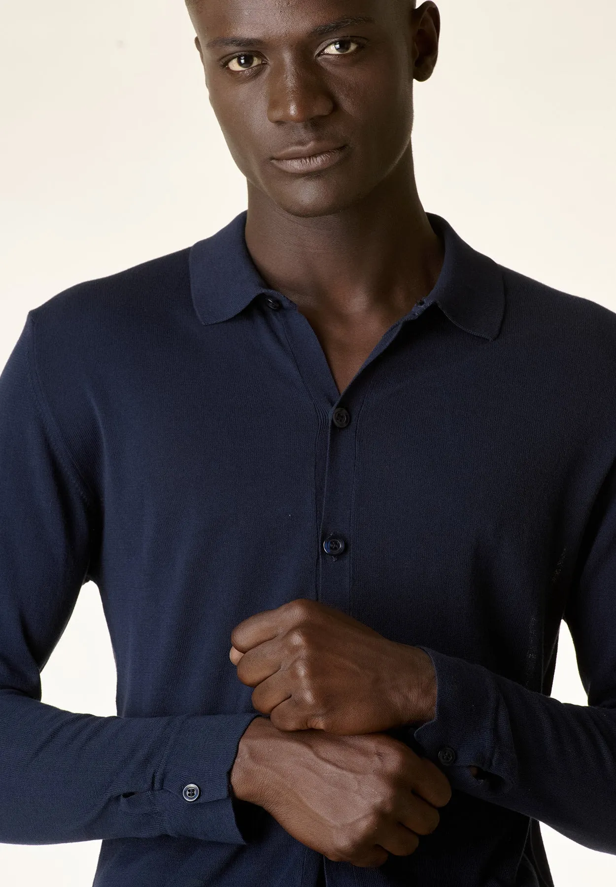 Polo camicia blu cotone crepe