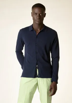 Polo camicia blu cotone crepe